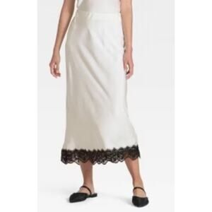 #46 MSRP $35 -NWOT- A NEW DAY CREAM SATIN LACE TRIM MIDI SKIRT ♡SIZE SMALL♡